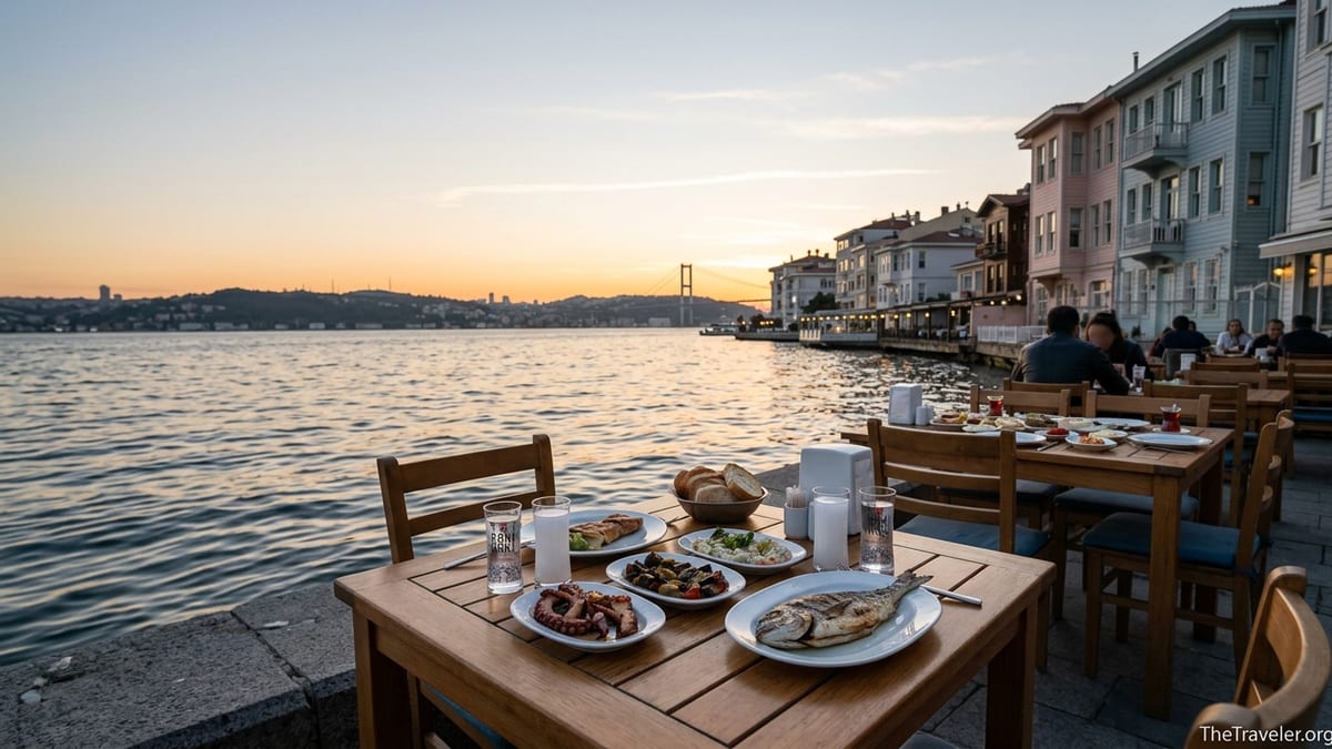 Waterfront table with seafood and raki overlooking the Bosphorus at sunset in Istanbul.