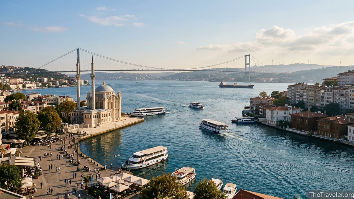View of Istanbul’s Bosphorus Strait with bridge, Ortaköy Mosque and ferries between Europe and Asia.