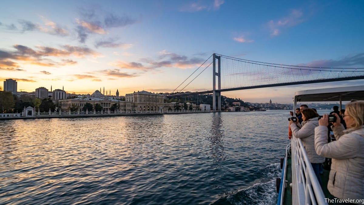 Passengers on a Bosphorus cruise yacht at sunset with Istanbul palaces and bridge glowing in warm light.