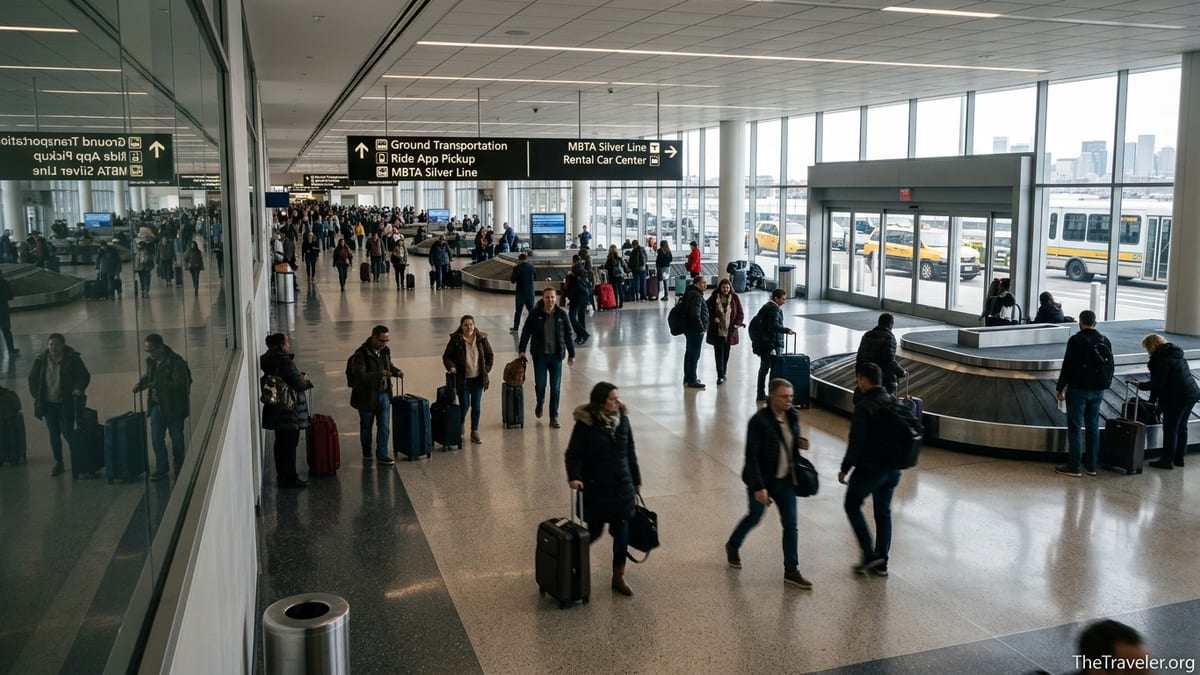 Arriving passengers collecting luggage and following signs at Boston Logan Airport baggage claim.