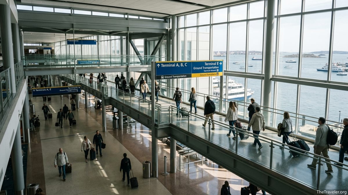 Travelers walk through a bright terminal at Boston Logan Airport with harbor views and overhead signs.