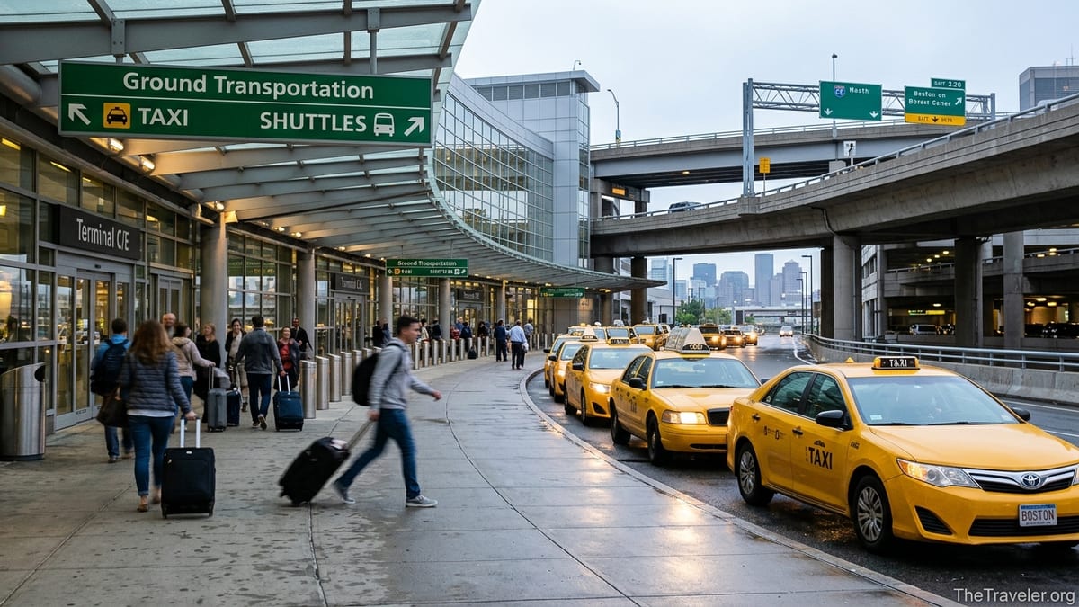 Taxi queue outside Boston Logan Airport arrivals with travelers and terminal in view