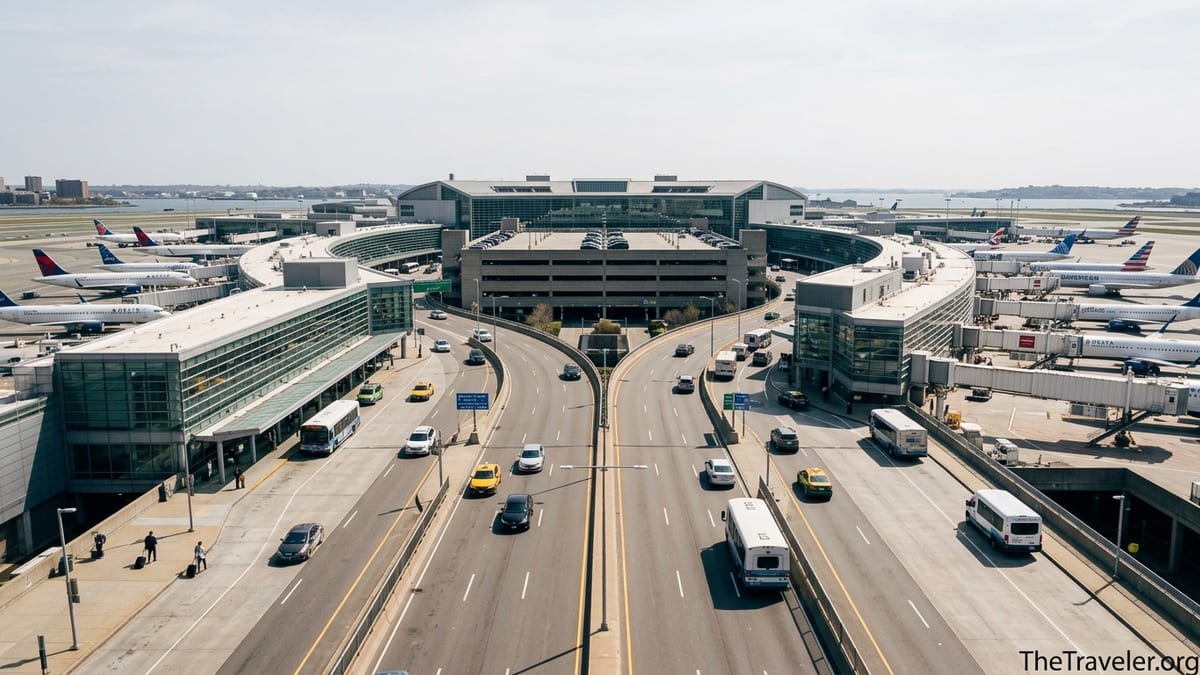 Aerial view of Boston Logan Airport terminals with planes at gates and shuttles on the loop road.
