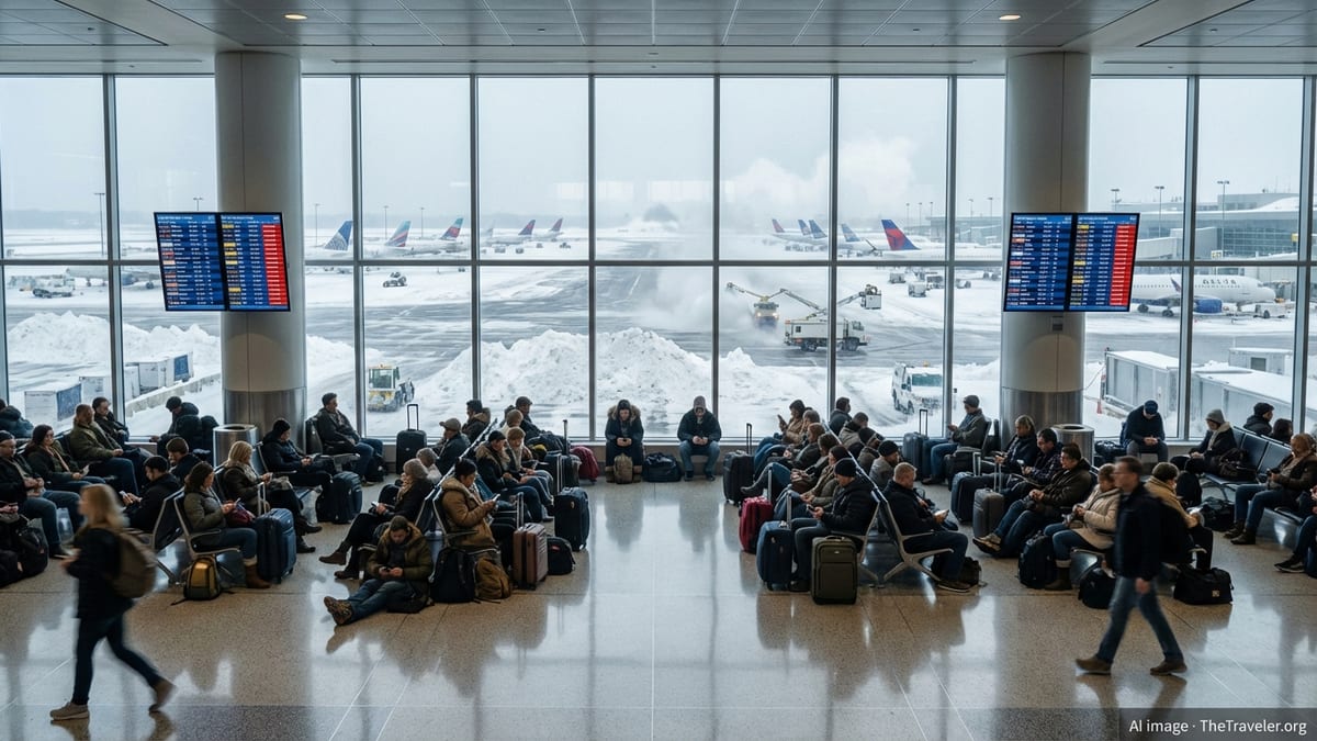 Stranded passengers at Boston Logan airport looking at boards of canceled flights after a winter blizzard.