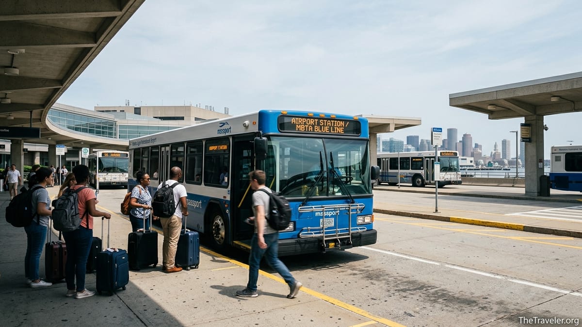 Travelers boarding a Massport shuttle to the MBTA Blue Line at Boston Logan Airport curbside.