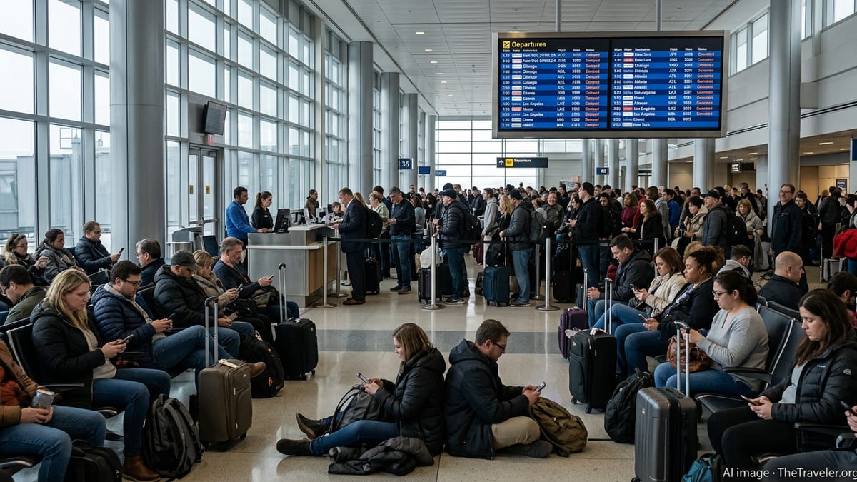 Crowded terminal at Boston Logan Airport with stranded passengers and delayed flights on departure boards.