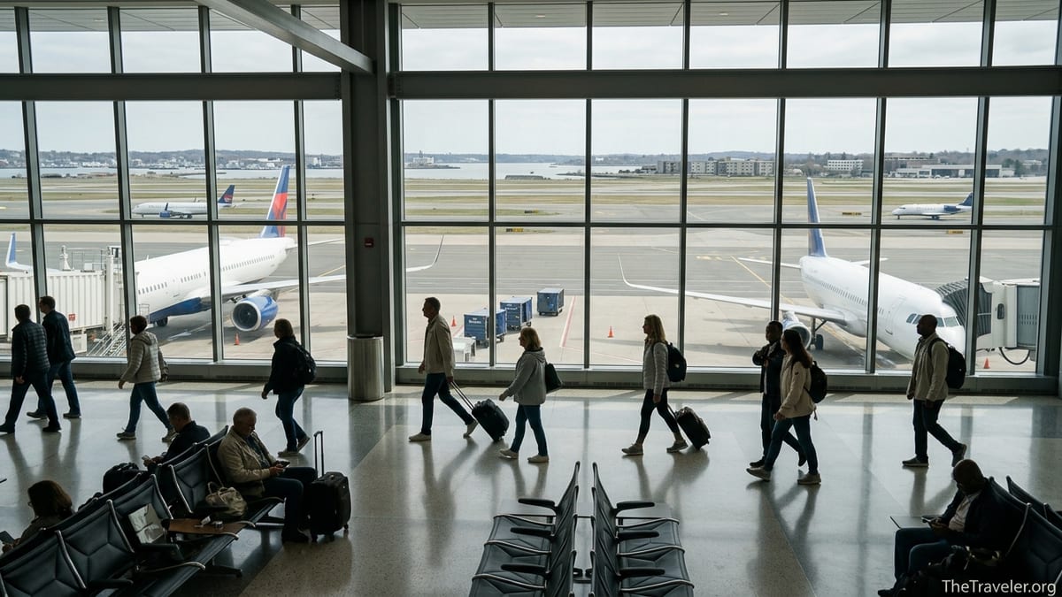 Interior view of a New England airport terminal with planes and travelers visible through large windows.