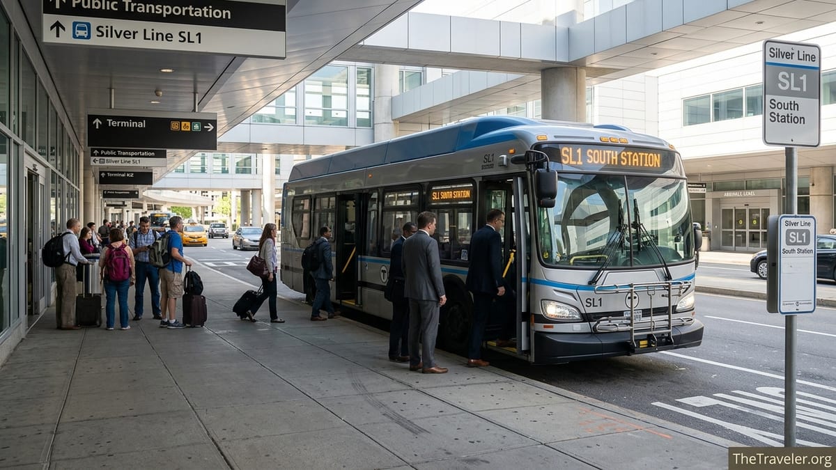 Passengers with luggage boarding an MBTA Silver Line SL1 bus at Logan Airport curbside.