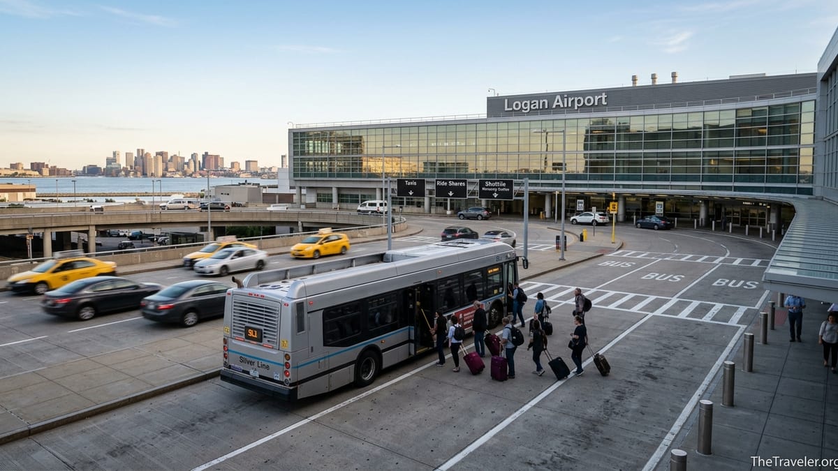 Passengers boarding a Silver Line bus outside Boston Logan Airport terminal at sunset.