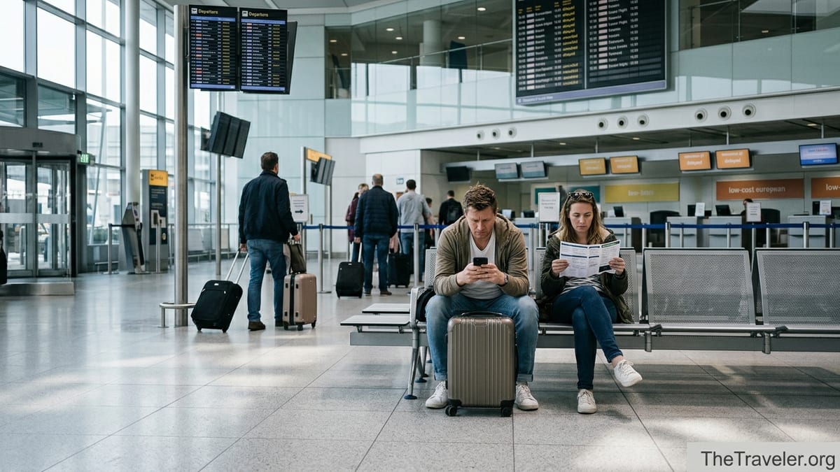 Frustrated air passengers in a modern European airport checking delayed flight details on a phone.