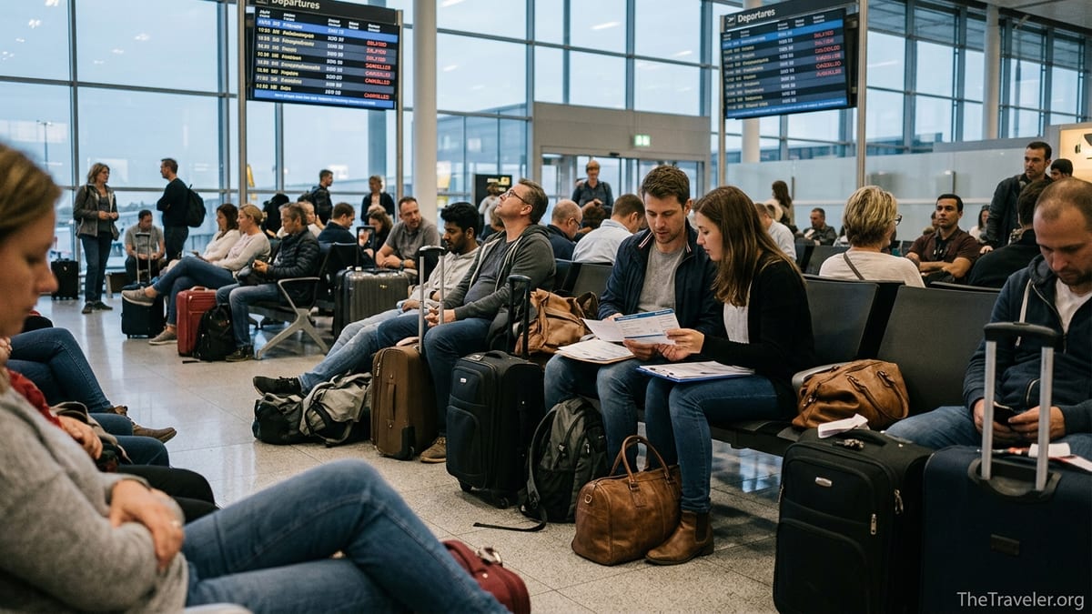 Travelers waiting in a busy airport departure hall reviewing flight delay compensation paperwork.