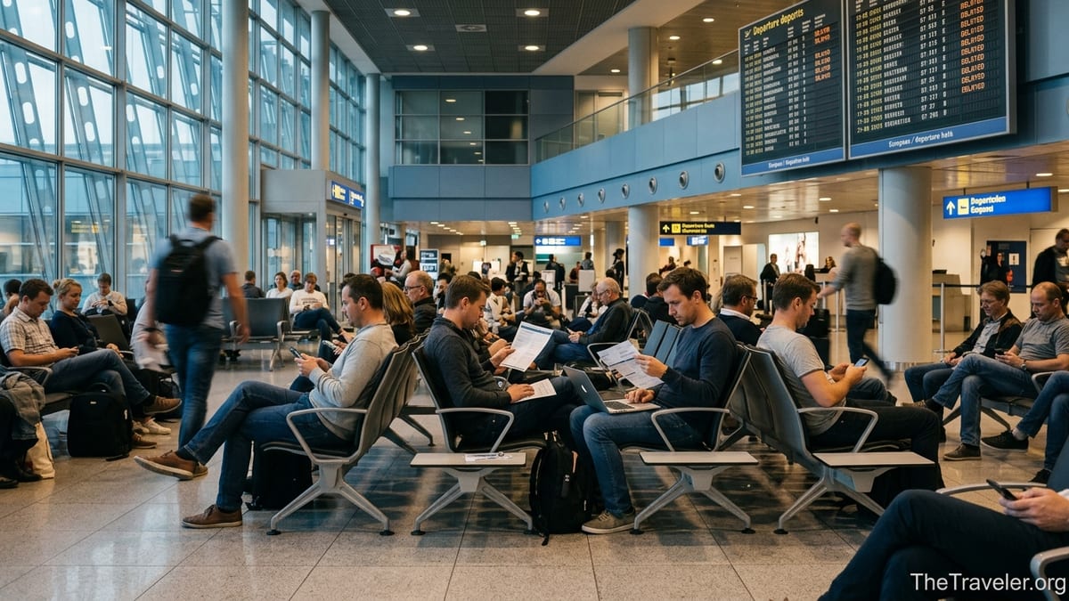 Travelers waiting in a European airport departure hall while flights show delays on the board.