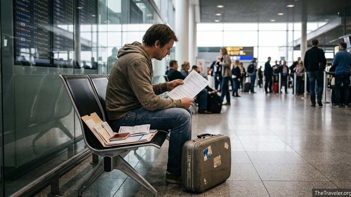 Traveller in airport terminal reviewing flight compensation paperwork after a delay