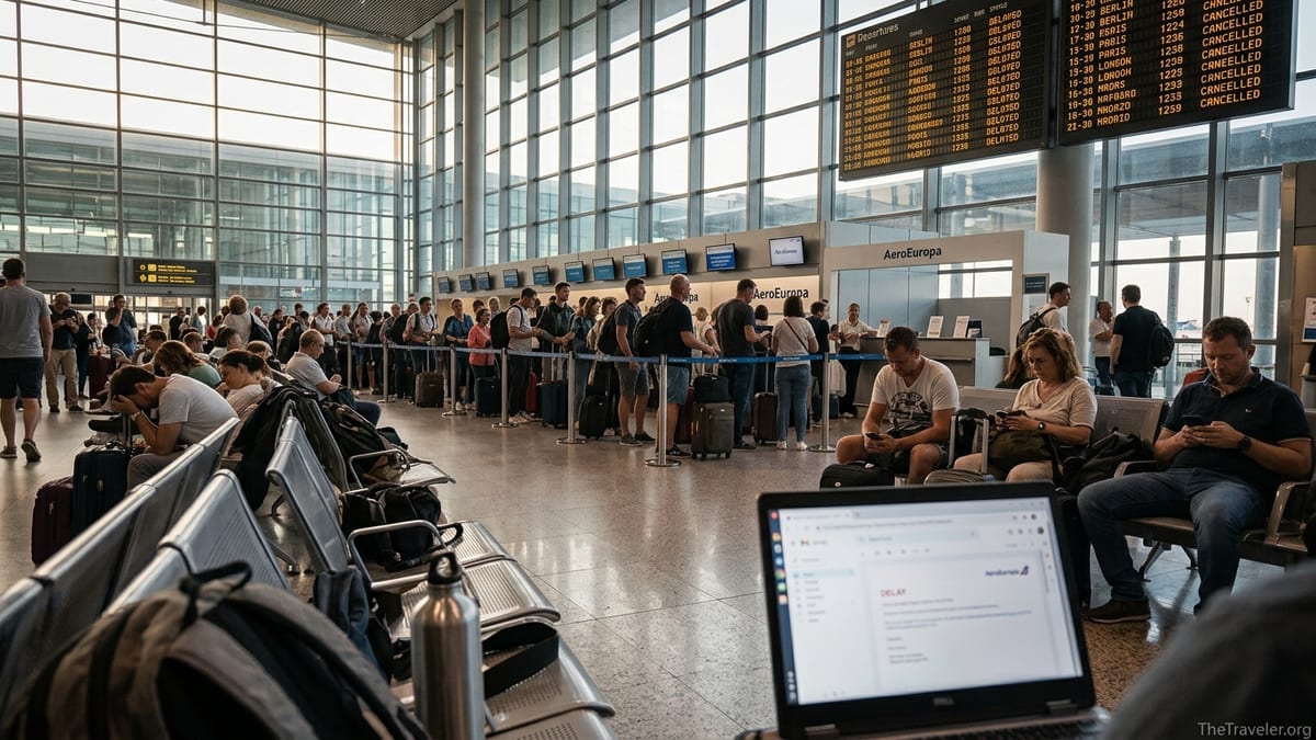 Frustrated airline passengers waiting in a busy airport terminal with multiple flight delays on the departure board.