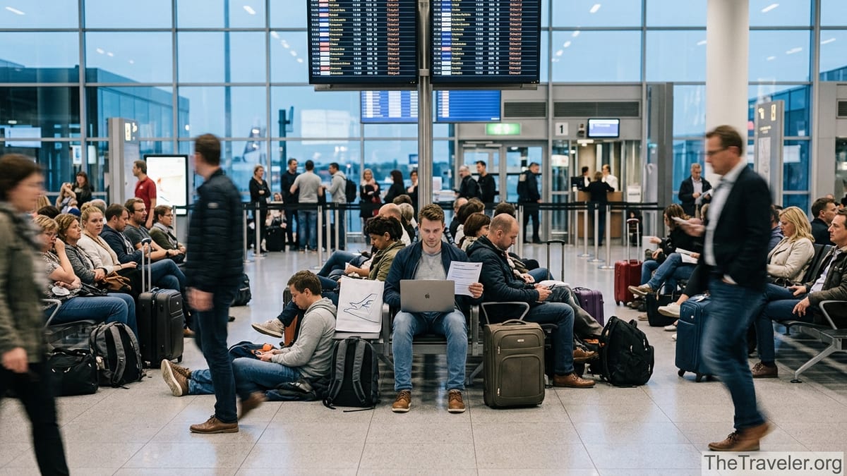 Traveller in a busy airport terminal working on a laptop during a flight delay.