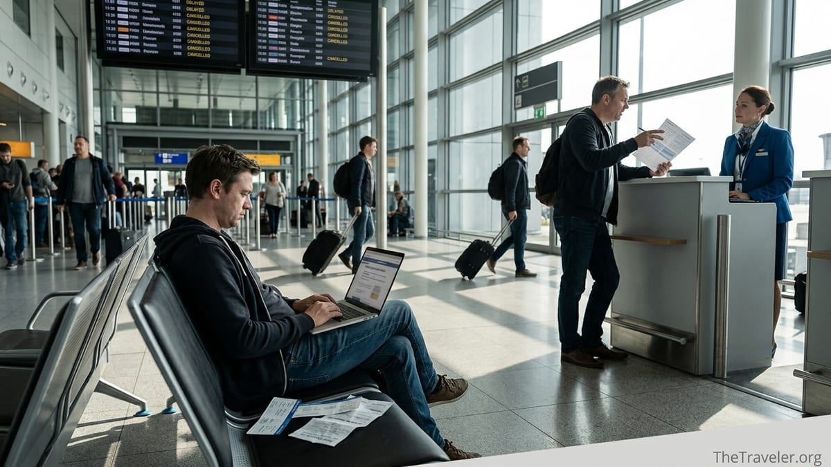 Traveler comparing airline desk help with online flight delay claim in busy airport terminal.