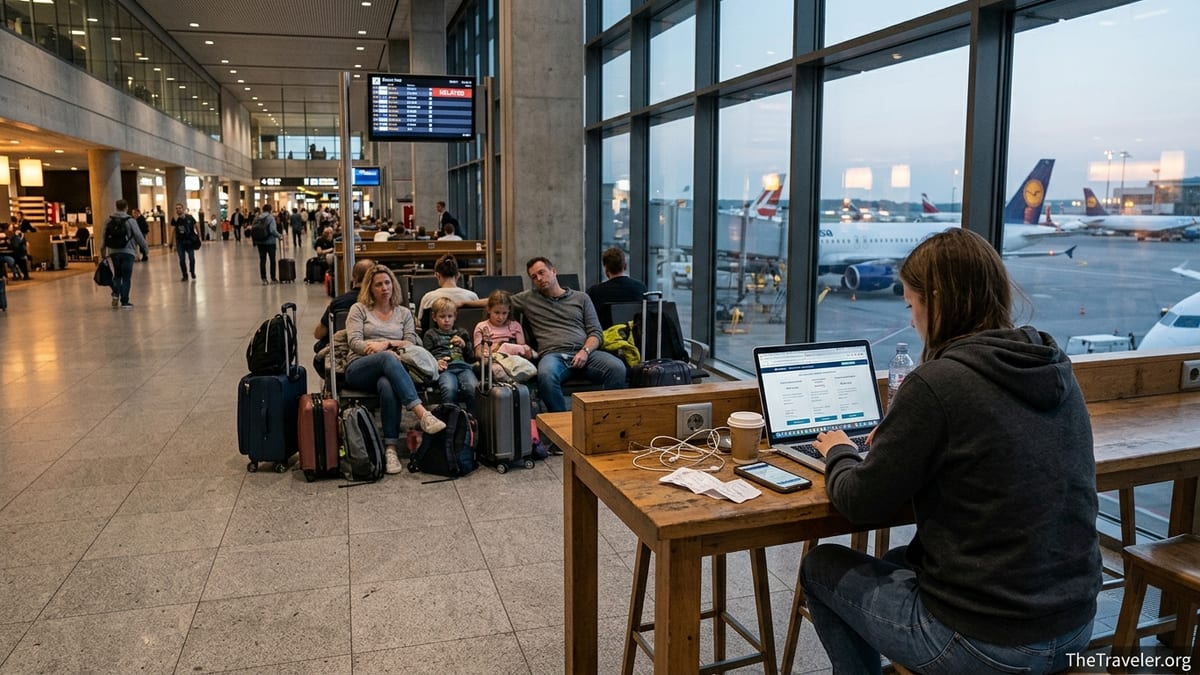 Traveler in a European airport checking flight compensation options after a delay.