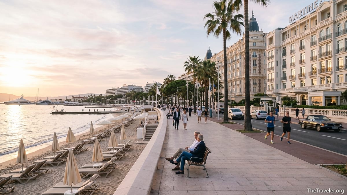 Golden hour view along Boulevard de la Croisette in Cannes with beach, sea and grand hotels.