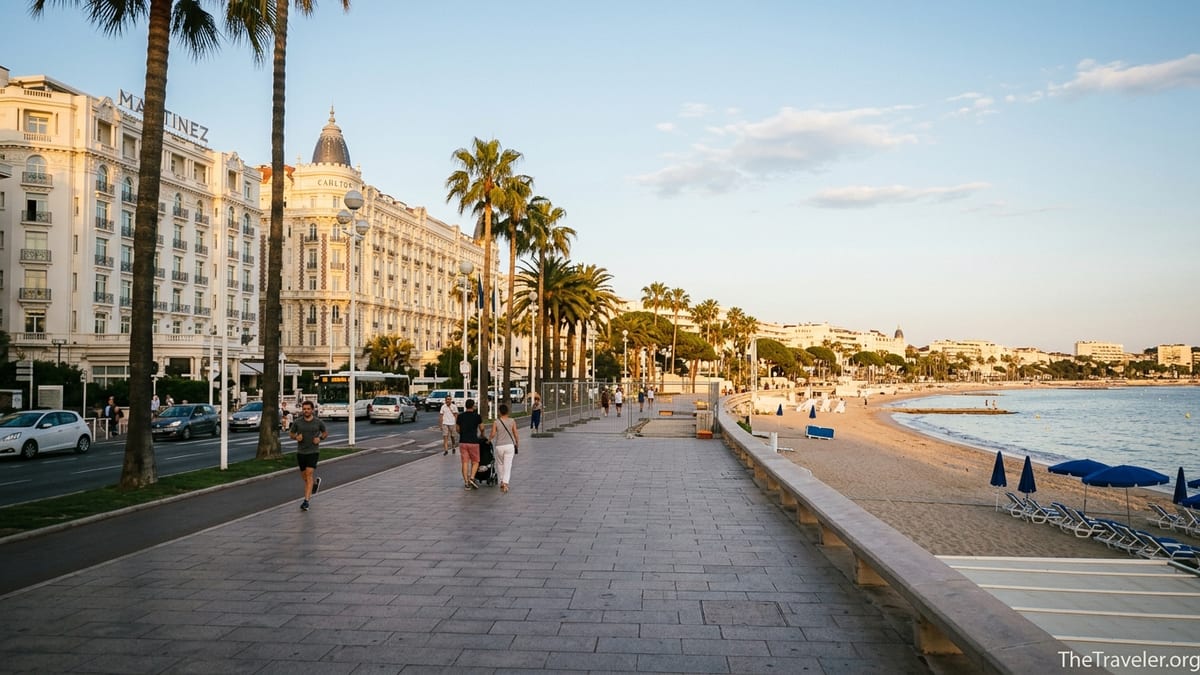Palm-lined Boulevard de la Croisette in Cannes with beach, sea and palace hotels at sunset.
