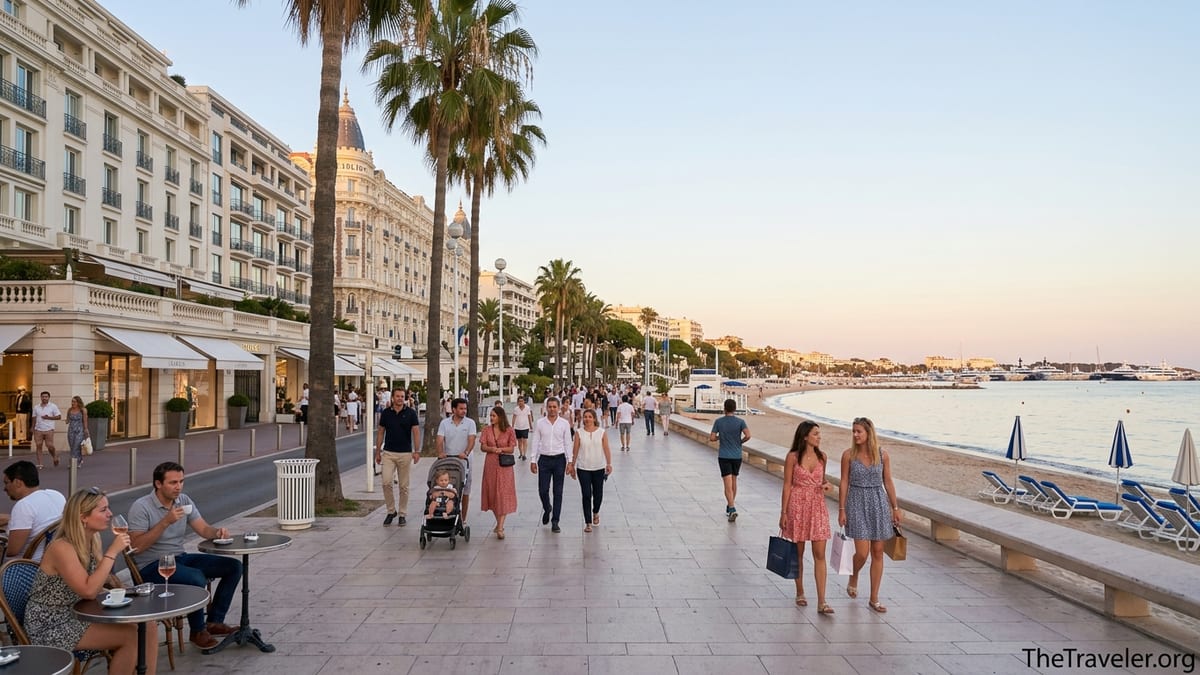 Evening walkers on Boulevard de la Croisette promenade overlooking beach and grand hotels in Cannes.