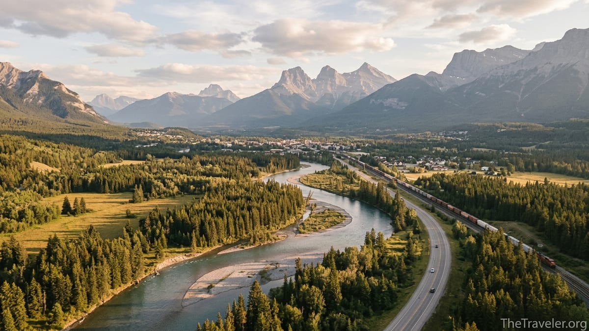 Aerial view of Alberta’s Bow Valley with the Bow River, Canmore and surrounding Rocky Mountains at golden hour.