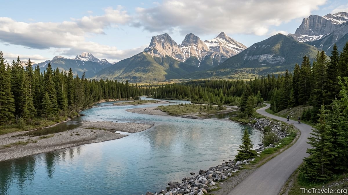 Bow River winding through Bow Valley near Canmore with Rocky Mountain peaks in early summer light