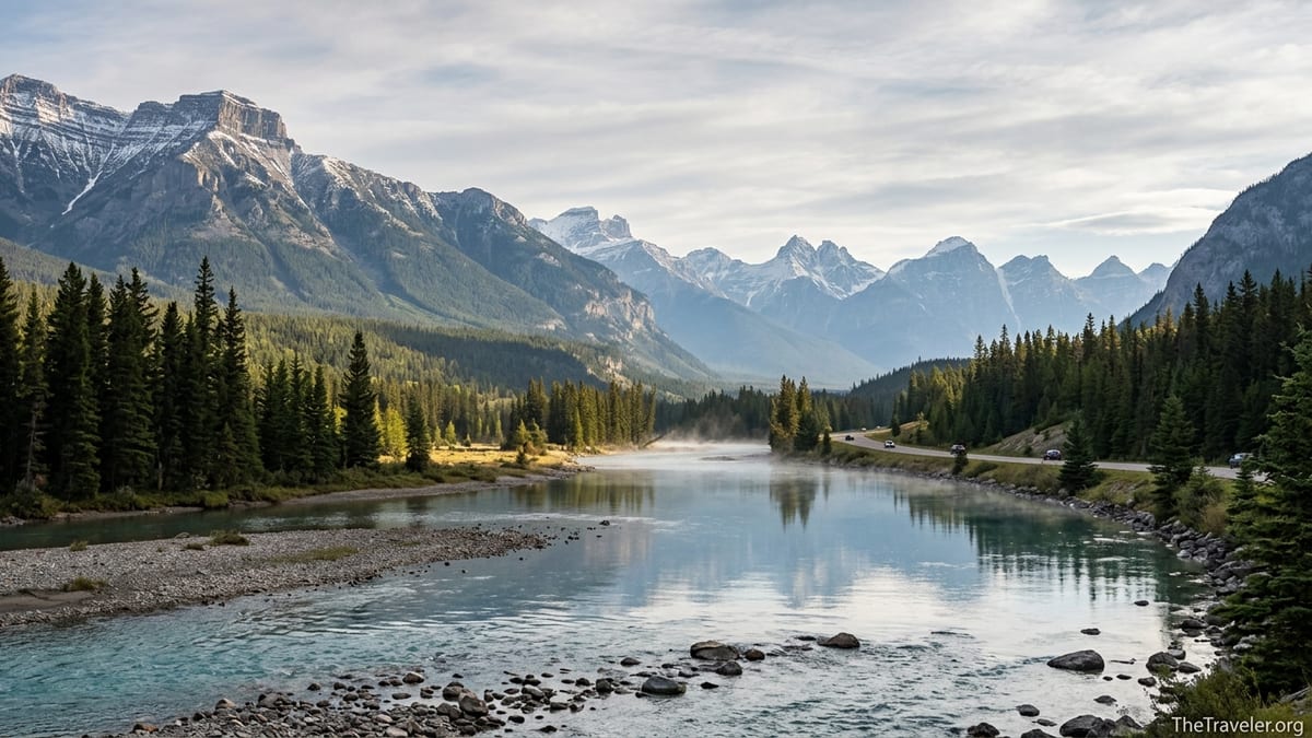 Early-morning view of the turquoise Bow River winding between forested slopes and snow-dusted peaks in Alberta’s Bow Valley.
