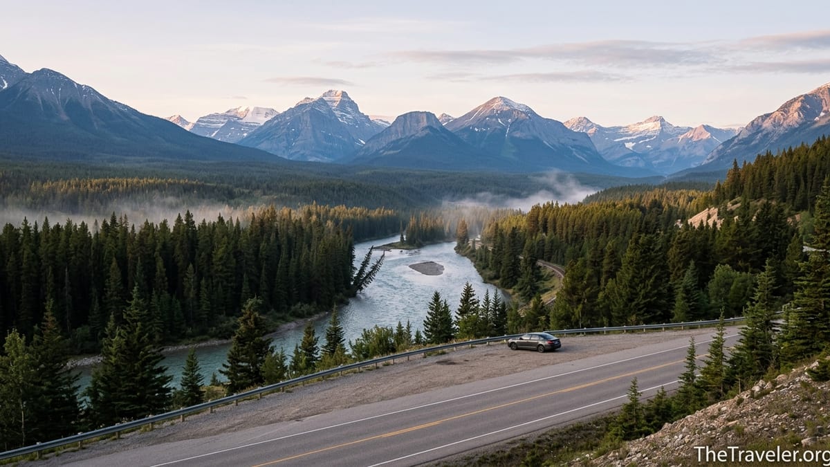 Sunrise over the Bow Valley Parkway and Bow River near Banff in the Canadian Rockies.