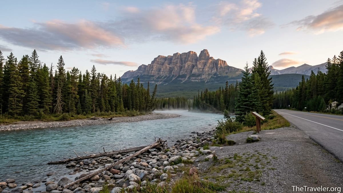 Bow Valley Parkway view of the Bow River and Castle Mountain at sunset in Banff National Park.