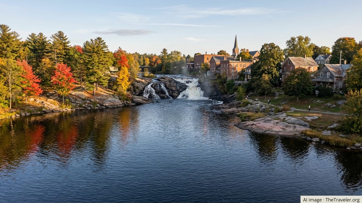 Autumn view of Bracebridge, Ontario with waterfalls, river and town framed by colorful trees.