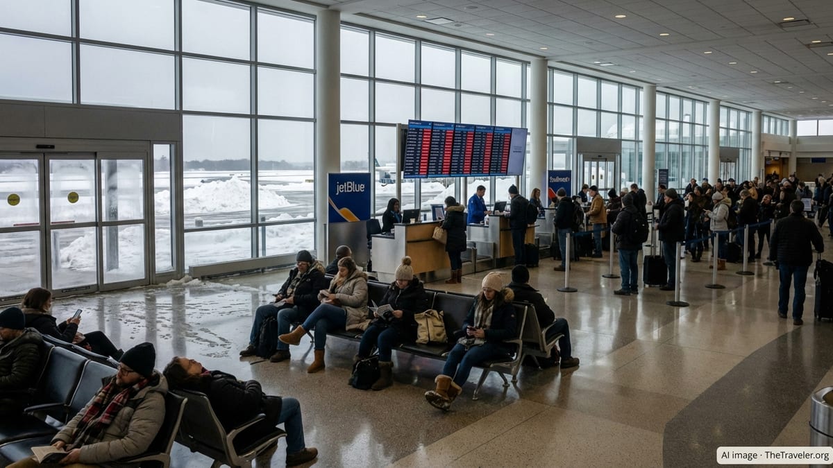 Stranded travelers line up at service desks in Bradley International Airport after winter storm cancellations.