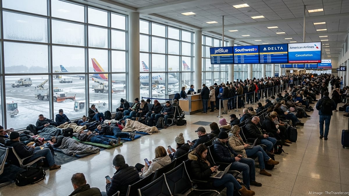 Crowded Bradley International Airport terminal with stranded passengers during a heavy winter snowstorm.