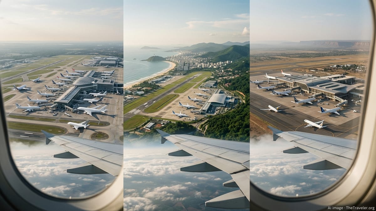 Aerial view from an airplane window of busy airports in Brazil, Africa and Europe under soft afternoon light.