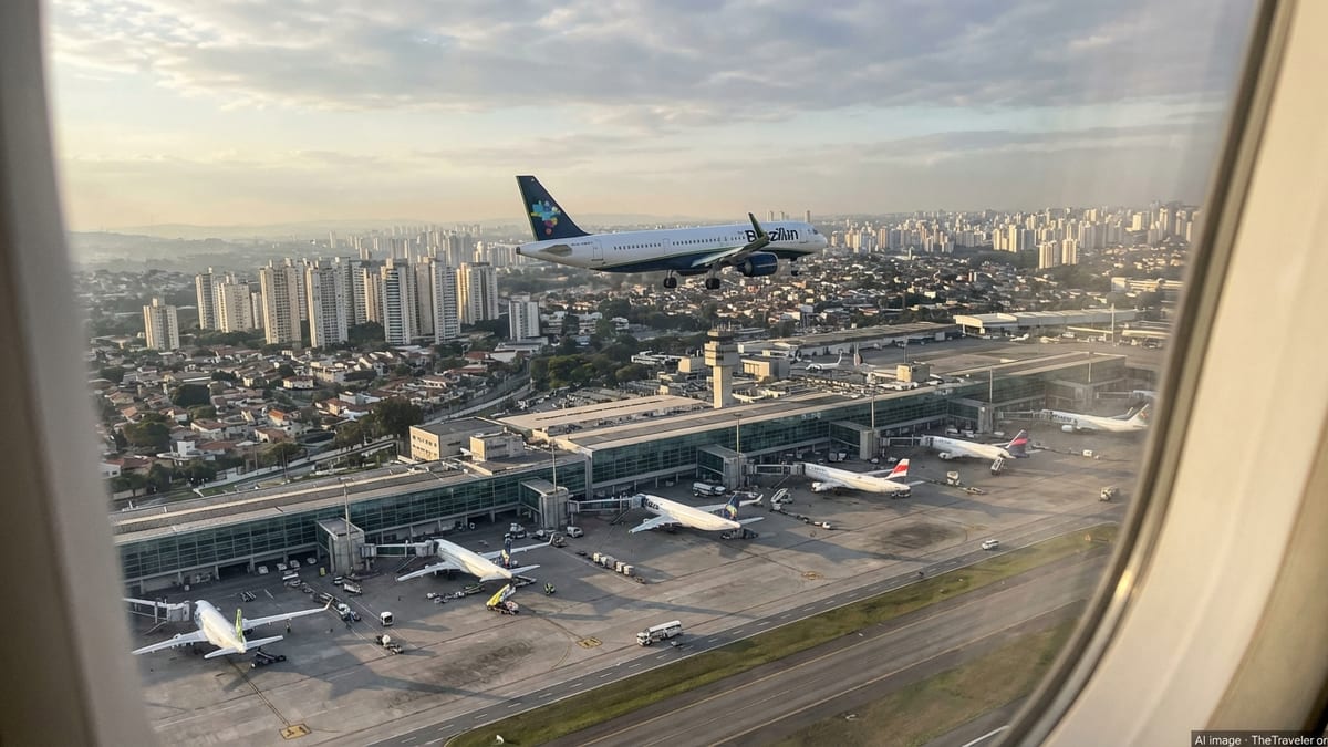 Passenger jet flying over São Paulo–Guarulhos airport at sunset with busy ramps below.