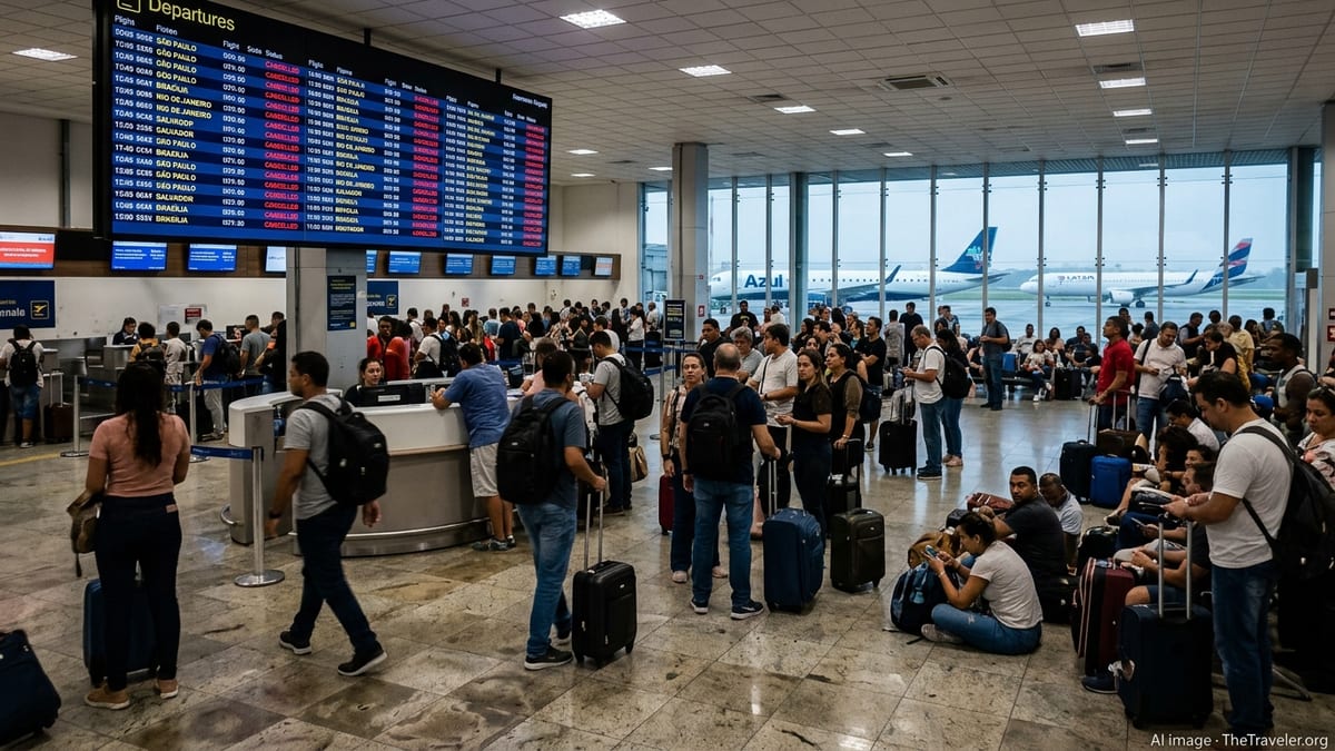 Crowded Brazilian airport terminal with departures board showing multiple cancelled flights.