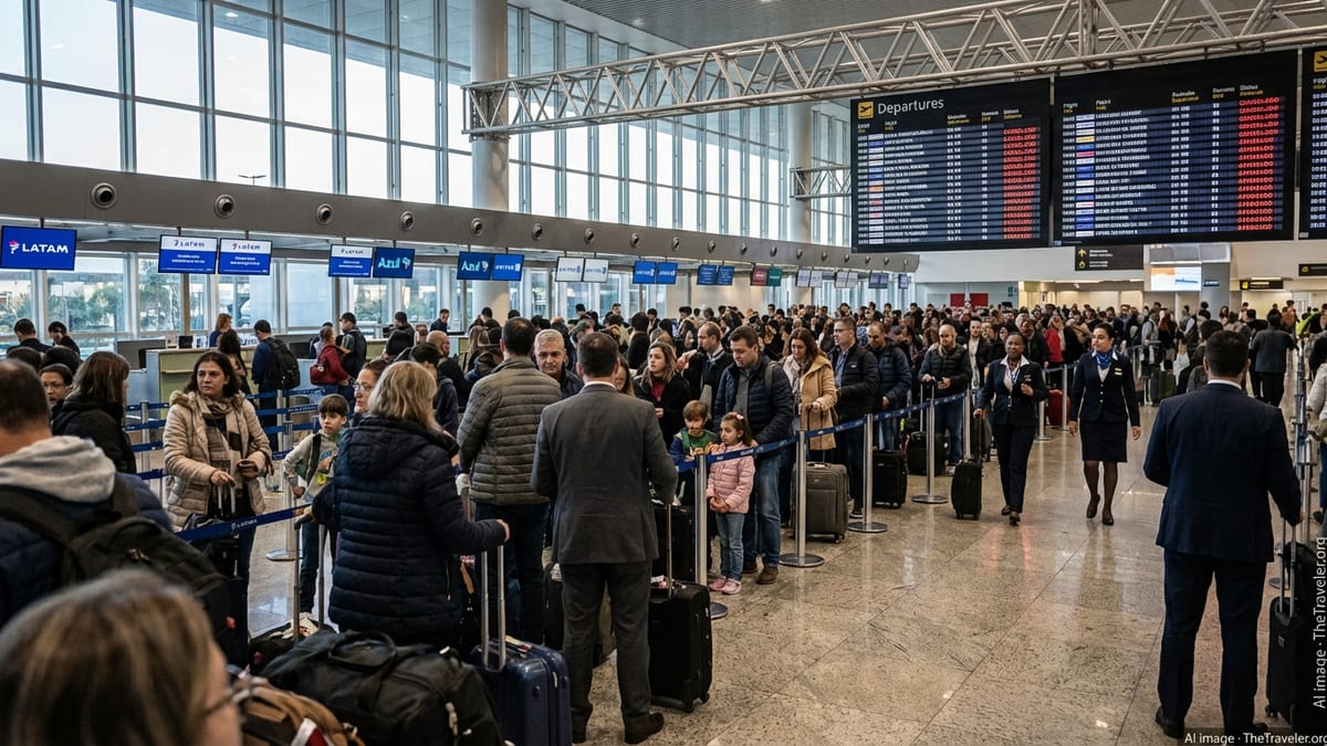 Crowded Brazilian airport terminal with long lines of stranded passengers at airline service counters.