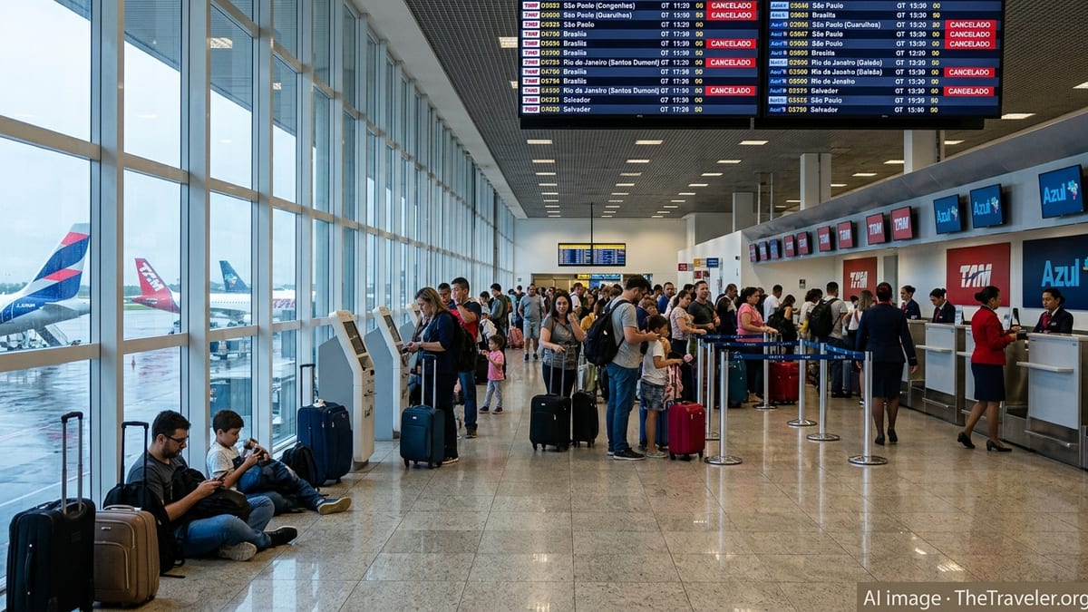 Crowded Brazilian airport terminal with multiple cancelled flights on the departure board.