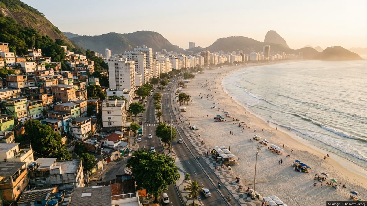 Aerial view of Rio’s Copacabana beach and a colorful hillside favela at sunset filled with tourists and locals.