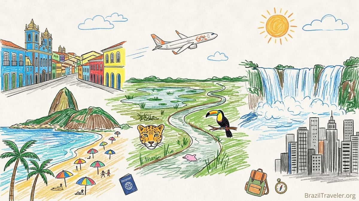 Collage-style Brazil travel scene showing Rio, São Paulo, Iguazu Falls, Amazon near Manaus, Pantanal wetlands, and Florianópo