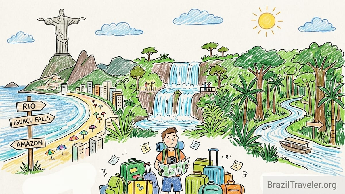Rio, Iguacu Falls and the Amazon shown together as a realistic Brazil multi-stop vacation concept.