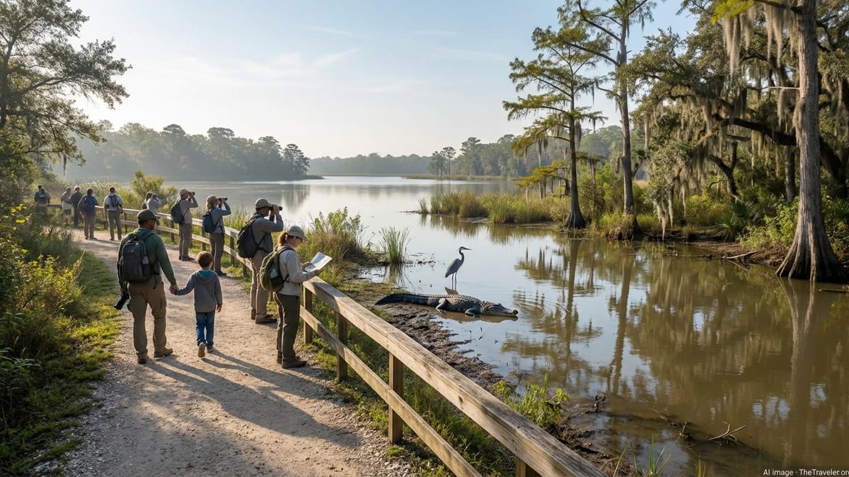 Daytime trail scene at Brazos Bend State Park with hikers and wildlife.