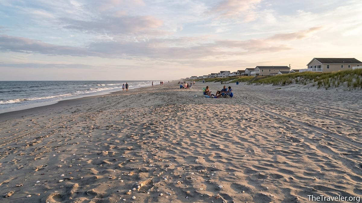 Quiet golden hour scene on Brigantine Beach with scattered families and low dunes in the distance.