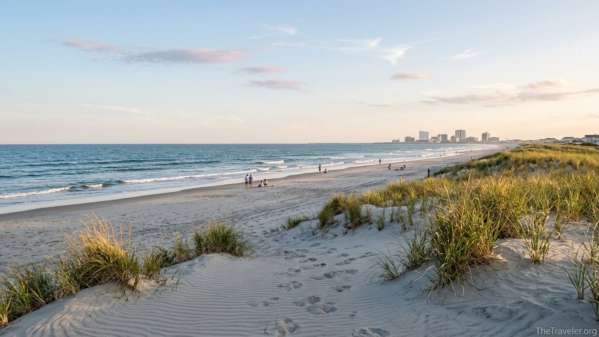 Quiet Brigantine Beach dunes at sunset with a few people on the empty shore and Atlantic City skyline distant across the bay.
