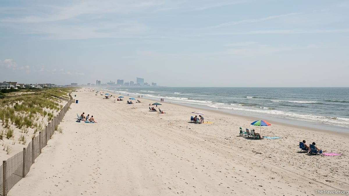 Wide, lightly populated Brigantine Beach with dunes and distant Atlantic City skyline.