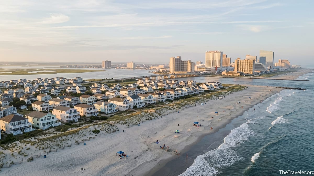Aerial view of quiet Brigantine Beach with Atlantic City’s casino skyline in the distance at sunset.