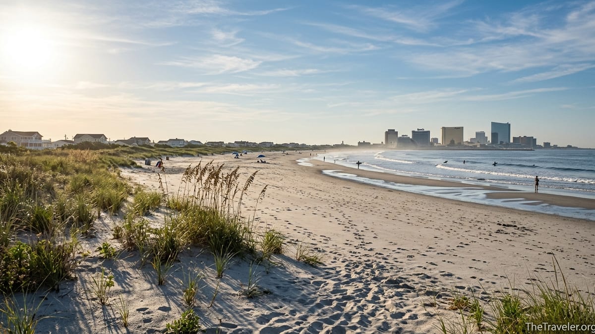 Wide quiet Brigantine Beach with distant Atlantic City skyline on a clear summer morning.