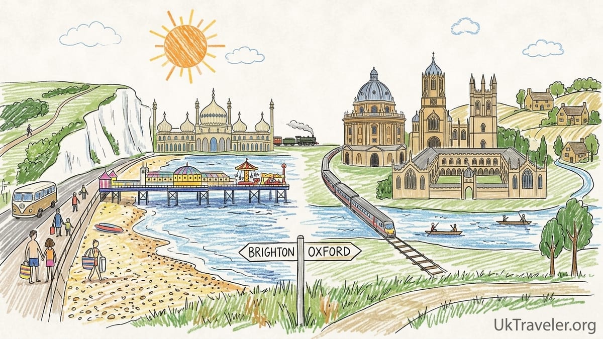 Brighton beach and pier at sunset contrasted with Oxford’s historic spires and river.