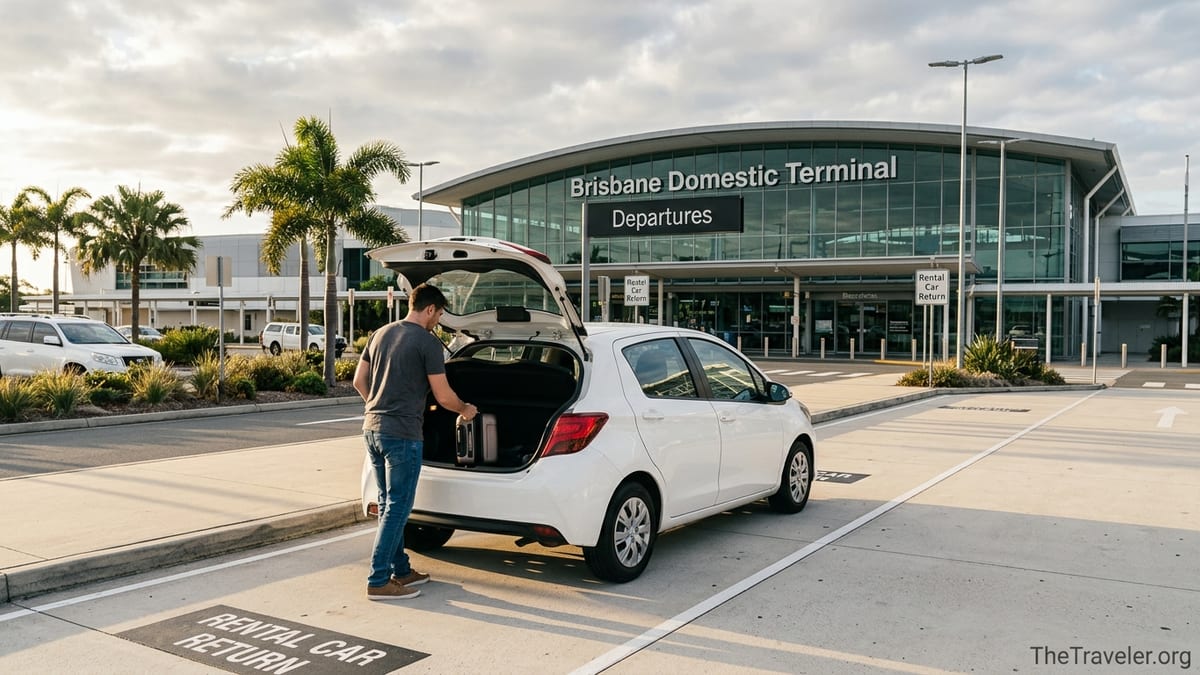 Traveler loading luggage into a rental car outside Brisbane Airport terminal at sunrise.