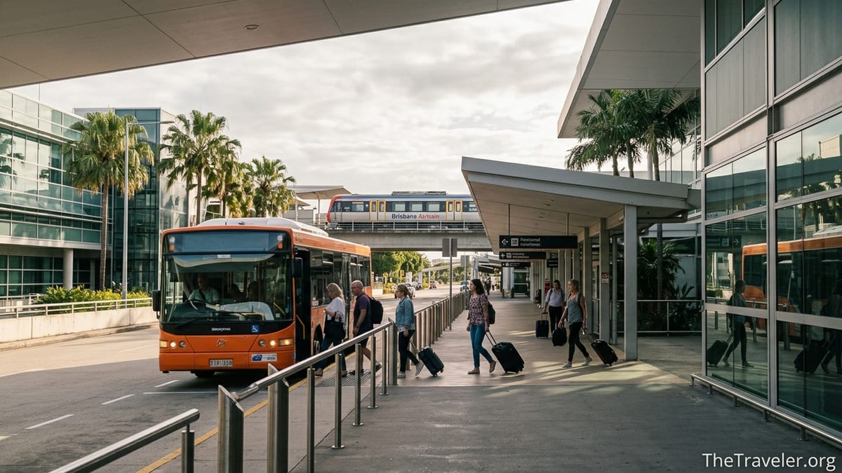 Travellers outside Brisbane Airport Domestic Terminal boarding transfer bus and Airtrain.