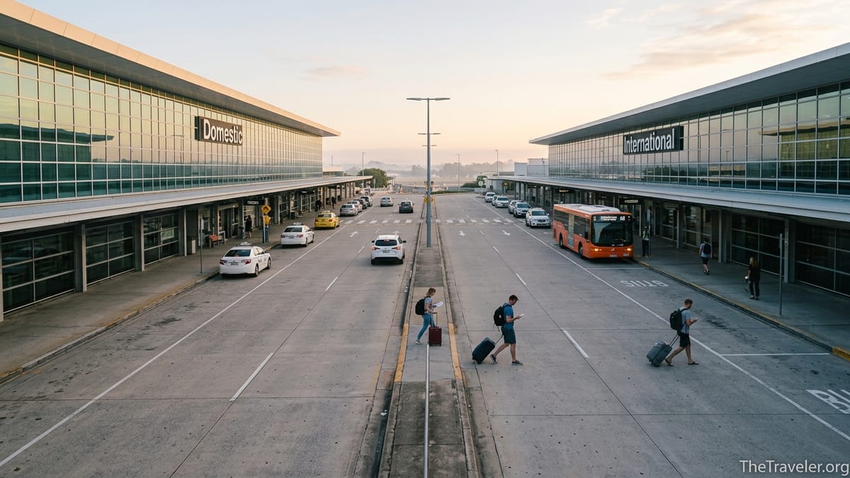 Travellers outside Brisbane Airport choosing between the Domestic and International terminals at dawn.
